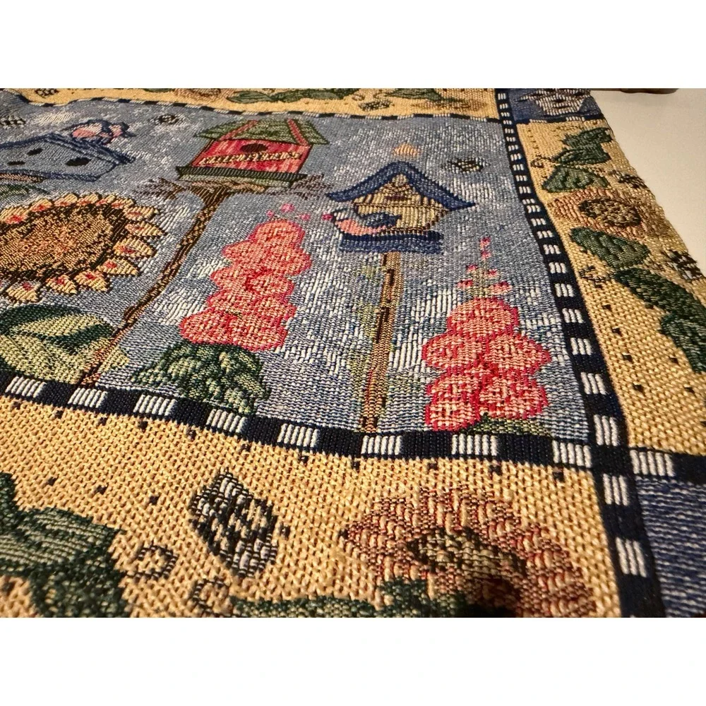 Vintage Style Woven Tapestry Wall Hanging Birdhouse Sunflower Garden Decor 18x13